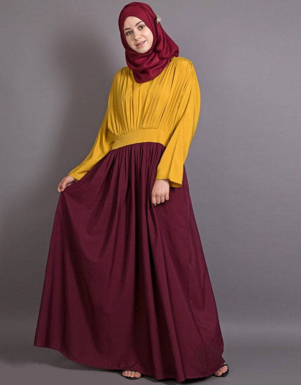 Women pleated contrast casual chic abaya Yellow
