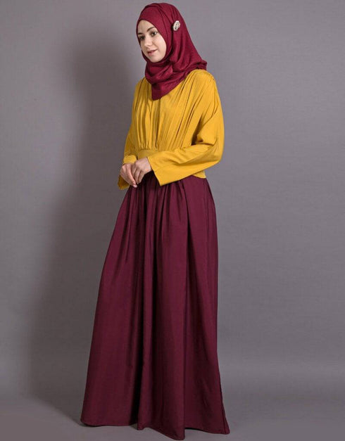 Women pleated contrast casual chic abaya Yellow
