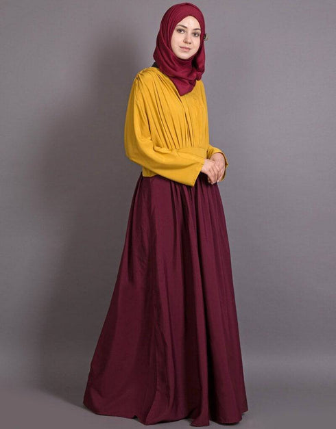Women pleated contrast casual chic abaya Yellow