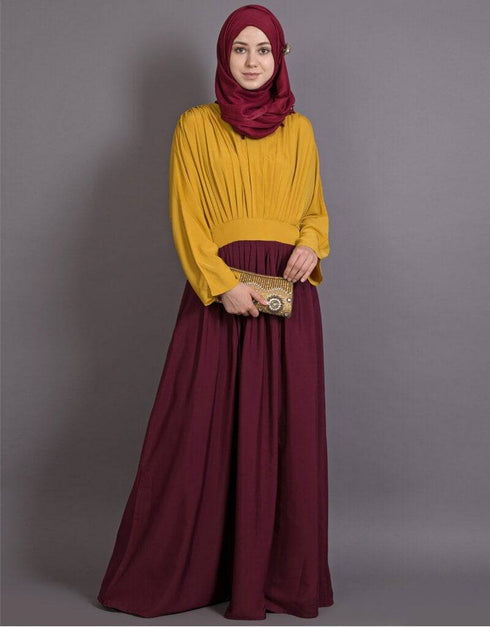 Women pleated contrast casual chic abaya Yellow