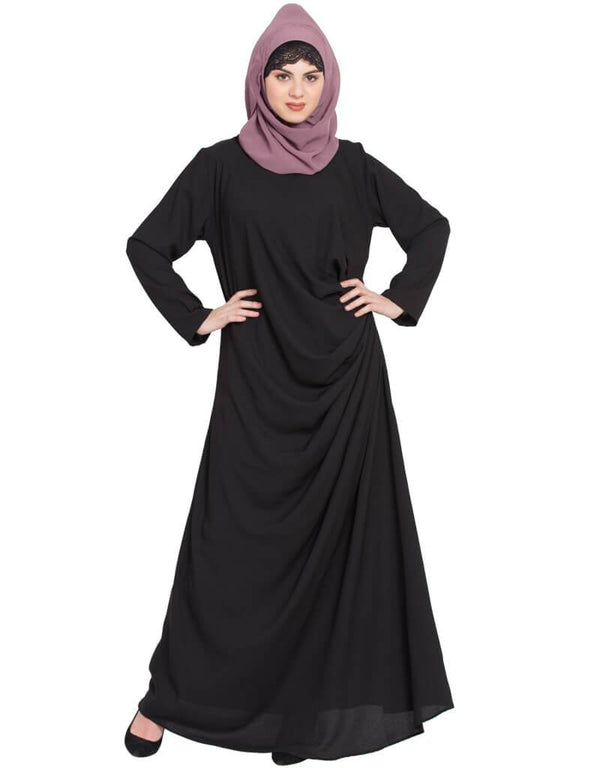 Chic Pleating at Waist Casual Abaya Black