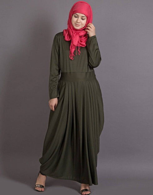 Trendy Pleating at Waist Stretchable Knits Travel Abaya Green