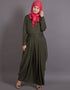 Trendy Pleating at Waist Stretchable Knits Travel Abaya Green