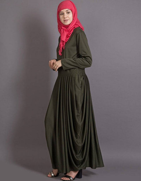 Trendy Pleating at Waist Stretchable Knits Travel Abaya Green