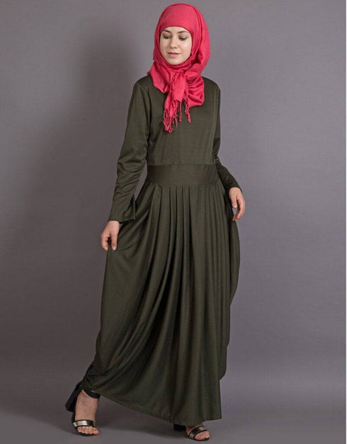 Trendy Pleating at Waist Stretchable Knits Travel Abaya Green