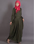 Trendy Pleating at Waist Stretchable Knits Travel Abaya Green