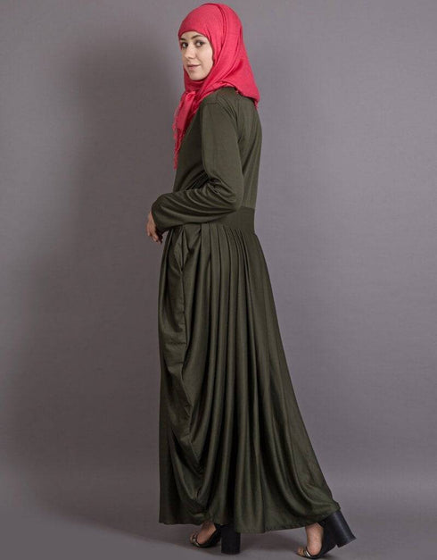 Trendy Pleating at Waist Stretchable Knits Travel Abaya Green
