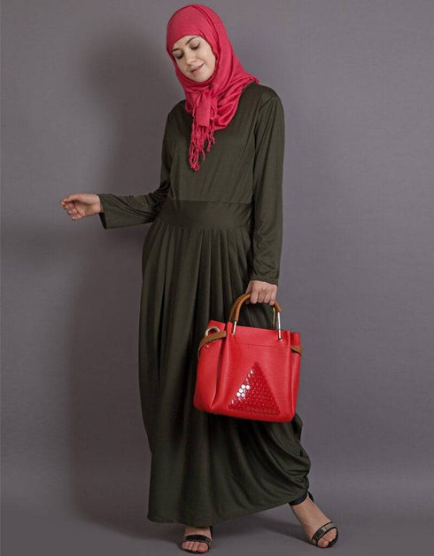 Trendy Pleating at Waist Stretchable Knits Travel Abaya Green