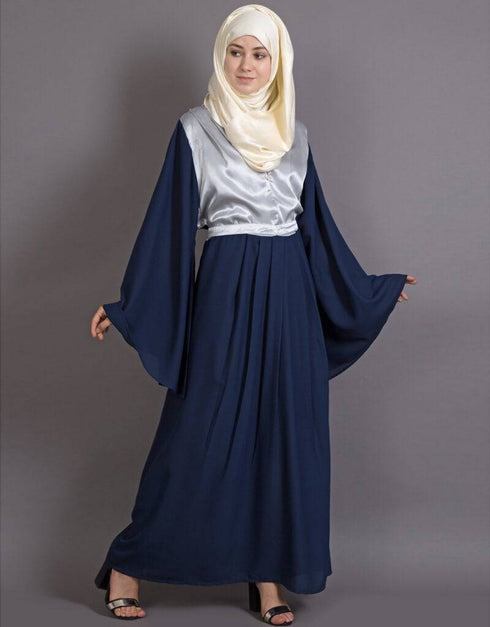 Muslim Contrast Yoke Bell Sleeve Bohemian Abaya Blue