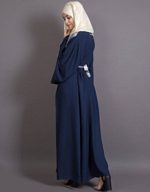 Muslim Contrast Yoke Bell Sleeve Bohemian Abaya Blue