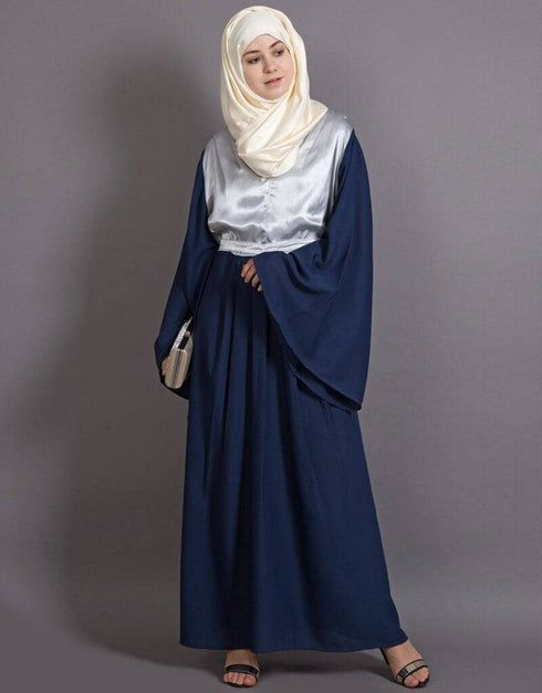 Muslim Contrast Yoke Bell Sleeve Bohemian Abaya Blue