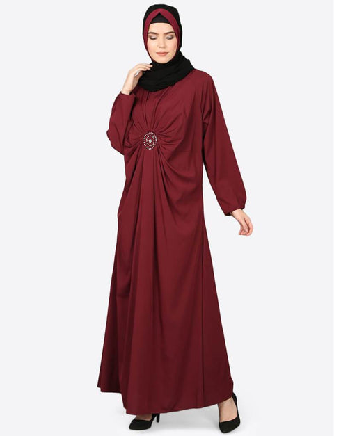 Arabic Circle Pleated Abaya Maroon