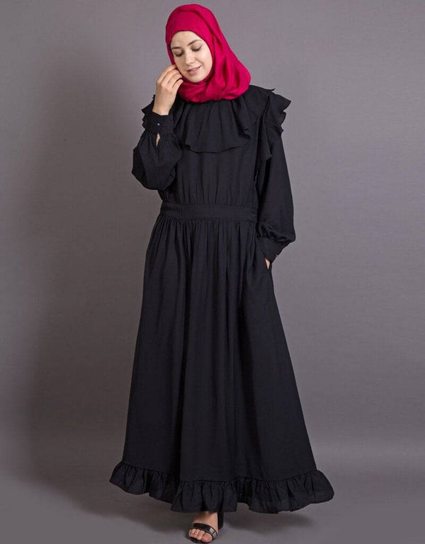 Trendy frilled trendy bohemian abaya Black