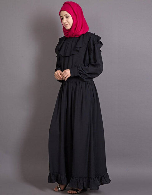 Trendy frilled trendy bohemian abaya Black