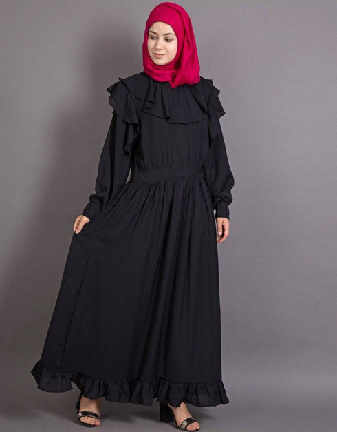 Trendy frilled trendy bohemian abaya Black