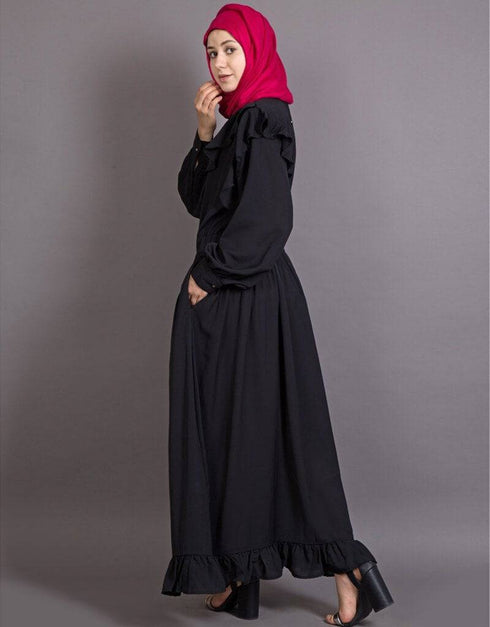 Trendy frilled trendy bohemian abaya Black