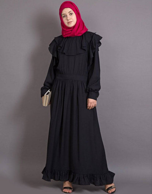 Trendy frilled trendy bohemian abaya Black