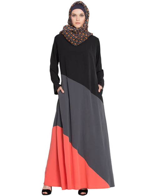 Modest Tricolor Asymmetrical panels Abaya Black