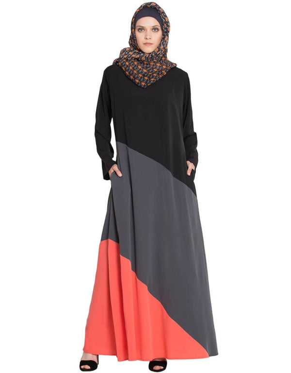 Modest Tricolor Asymmetrical panels Abaya Black