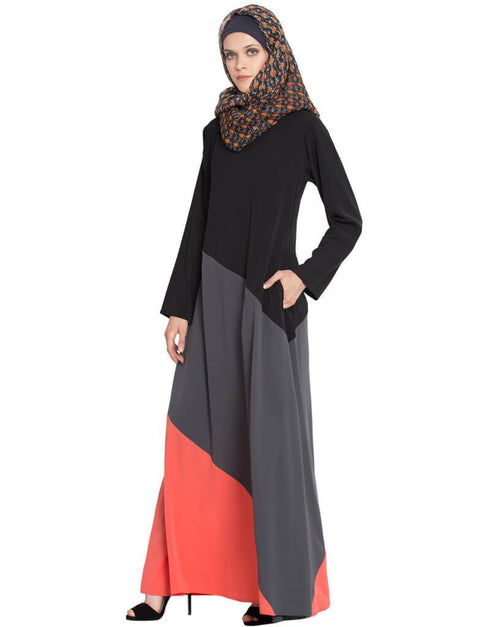 Modest Tricolor Asymmetrical panels Abaya Black