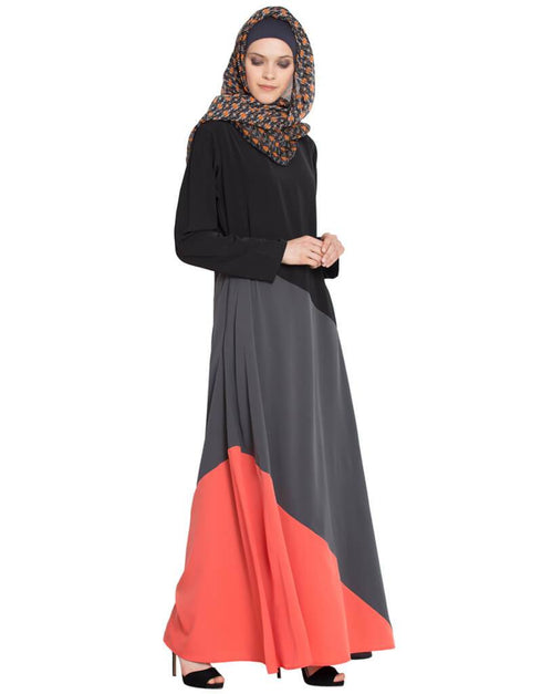 Modest Tricolor Asymmetrical panels Abaya Black