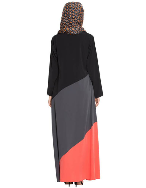 Modest Tricolor Asymmetrical panels Abaya Black