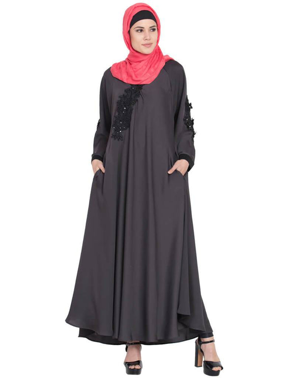 Islamic Embroidered Patch Umbrella Grey Abaya Grey