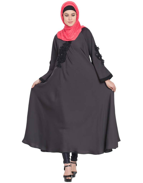 Islamic Embroidered Patch Umbrella Grey Abaya  Grey