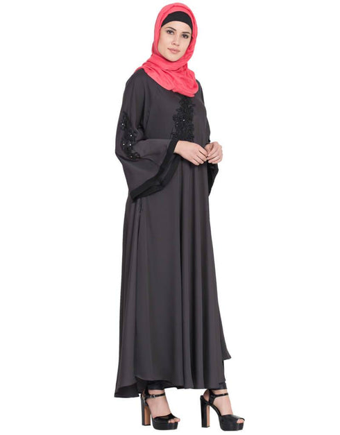 Islamic Embroidered Patch Umbrella Grey Abaya  Grey