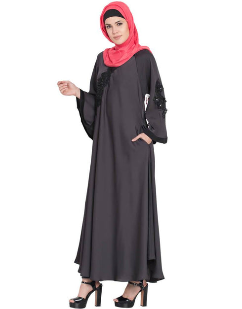 Islamic Embroidered Patch Umbrella Grey Abaya  Grey