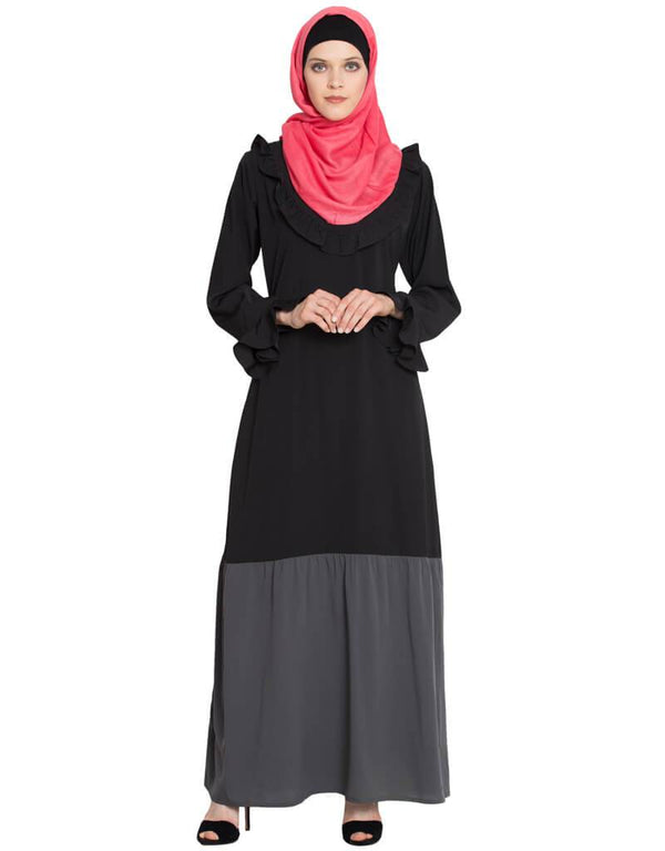 Arabic Contrast Bottom Frilled Casual Abaya Grey