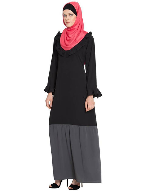 Arabic Contrast Bottom Frilled Casual Abaya Grey