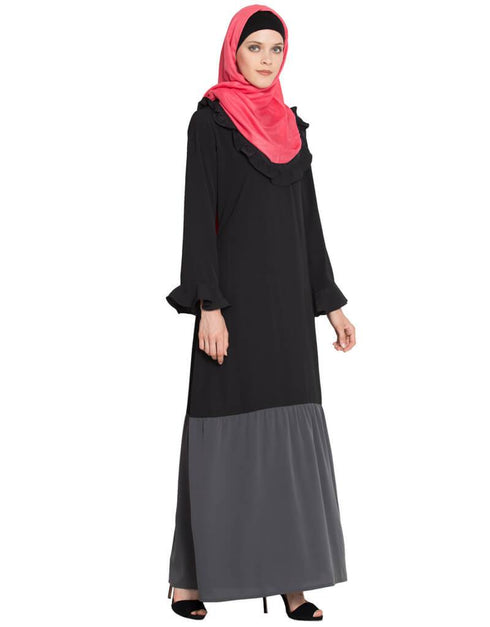 Arabic Contrast Bottom Frilled Casual Abaya Grey
