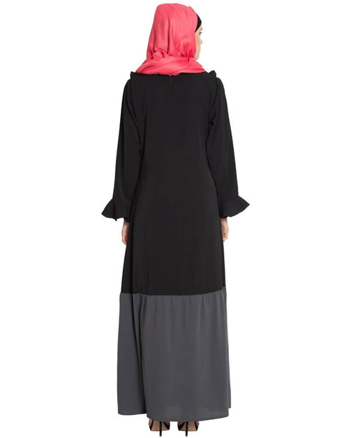 Arabic Contrast Bottom Frilled Casual Abaya Grey
