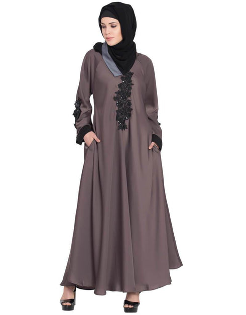 Women Embroidered Patch Umbrella Coffee Brown Abaya  Brown