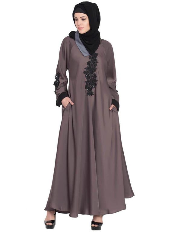 Women Embroidered Patch Umbrella Coffee Brown Abaya Brown