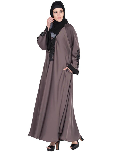 Women Embroidered Patch Umbrella Coffee Brown Abaya  Brown