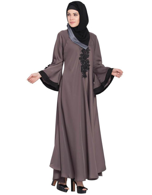Women Embroidered Patch Umbrella Coffee Brown Abaya  Brown