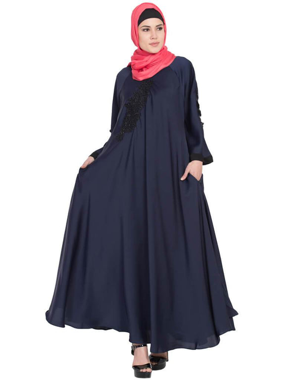 Muslimah Embroidered Patch Umbrella Navy Abaya Blue