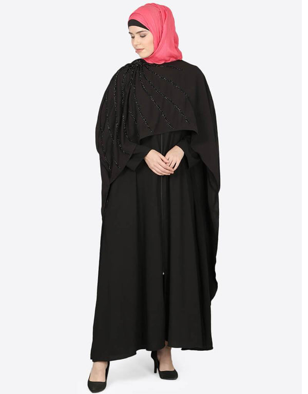 Modern Separate Cape Beaded Abaya Black