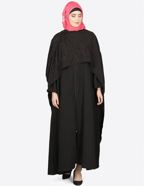 Modern Separate Cape Beaded Abaya Black