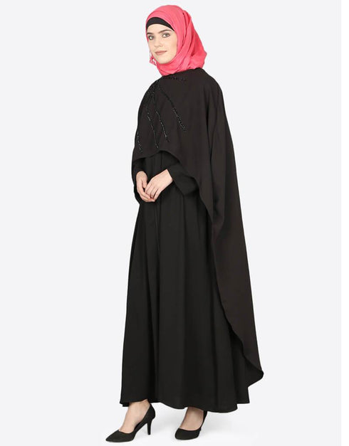 Modern Separate Cape Beaded Abaya Black