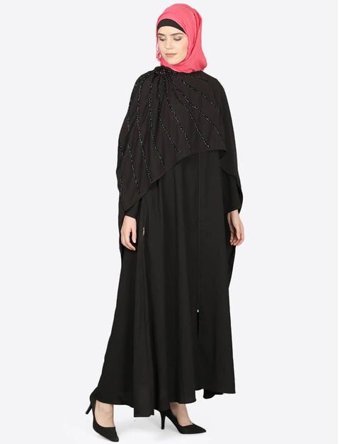 Modern Separate Cape Beaded Abaya Black