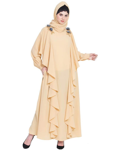 Islamic front long frill flowers party Abaya Beige