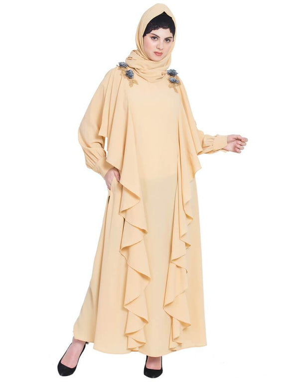 Islamic front long frill flowers party Abaya Beige