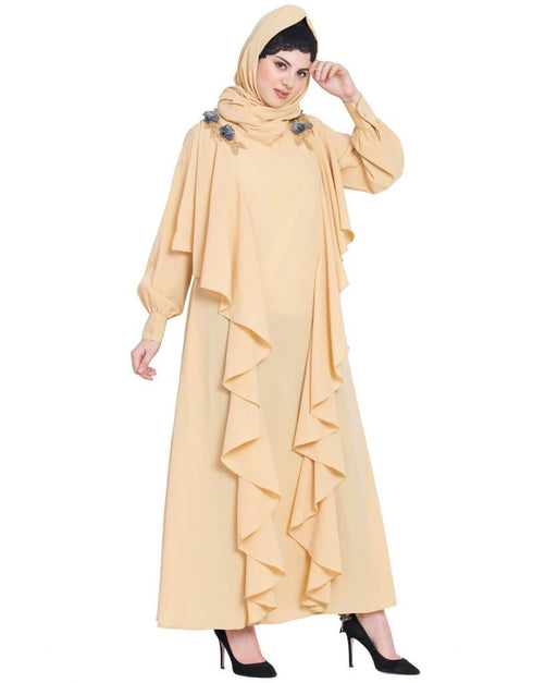 Islamic front long frill flowers party Abaya Beige