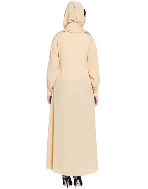 Islamic front long frill flowers party Abaya Beige