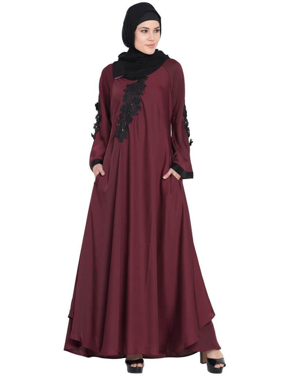 Arabic embroidered patch Umbrella Abaya Maroon