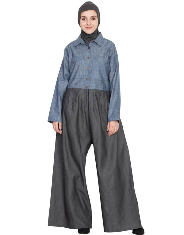 Chic Denim Pant chambray shirt front open pant Abaya Blue