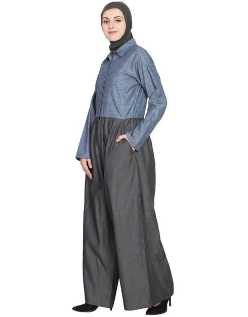 Chic Denim Pant chambray shirt front open pant Abaya Blue